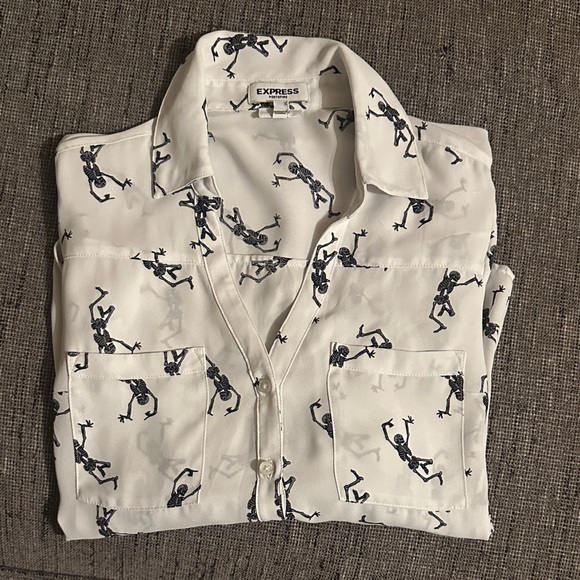 Express White and Black Skeleton Print Shirt - Picture 1 of 5